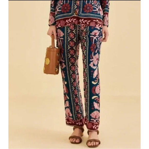 Farm Rio Anthropologie Teal Seashell Tapestry Cargo Pants XL